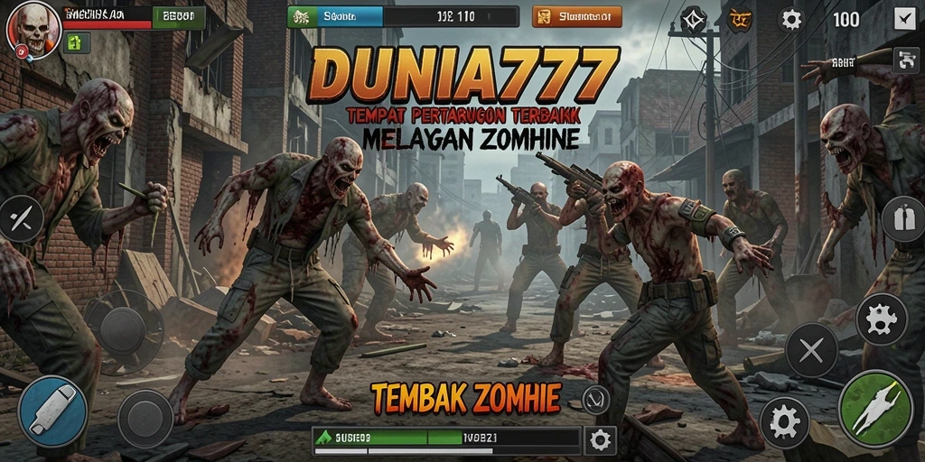Antarmuka permainan DUNIA777 dengan zombie menyeramkan.