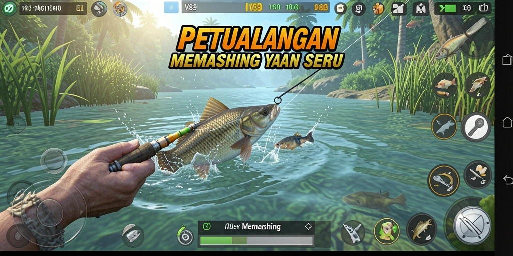 Antarmuka V89 yang menampilkan aksi memancing yang seru dengan ikan yang beragam.